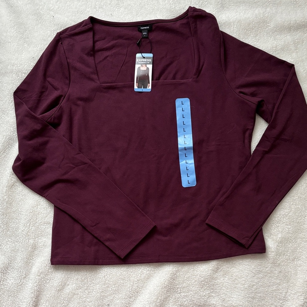 Express Square Neck Long Sleeve Top - Dark Red